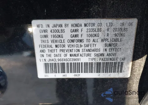2006 Acura Tsx z USA, uszkodzony, nr VIN JH4CL968X6C039691